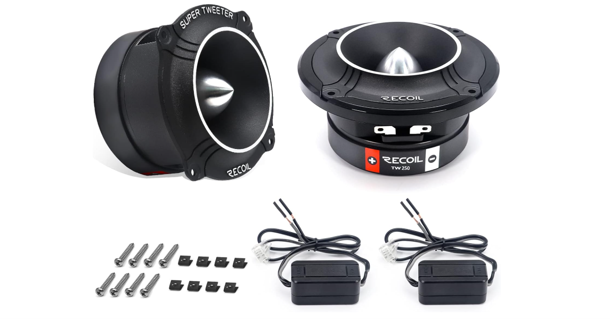 RECOIL TW250 High Compression Car Bullet Super Tweeters, 1-Inch High Temperature Kapton Voice Coil, Aluminum Frame and Diaphragm, 400 Watts Max Pair 4 Ohms 