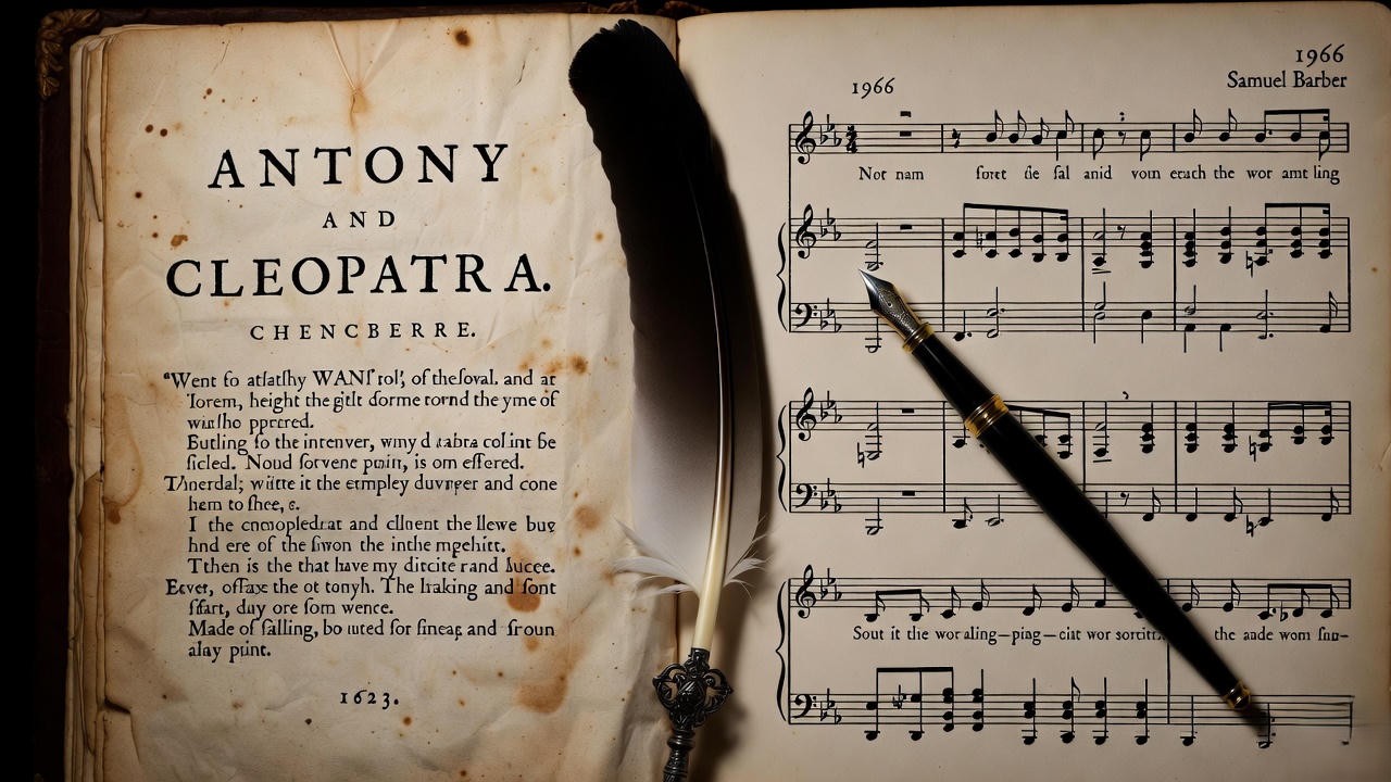 Shakespeare’s original Antony and Cleopatra text beside Samuel Barber’s 1966 opera libretto and score
