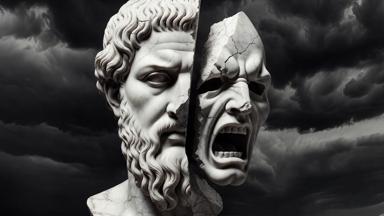 Split marble bust showing genius and madness as two halves of the same mind – Shakespeare’s central theme