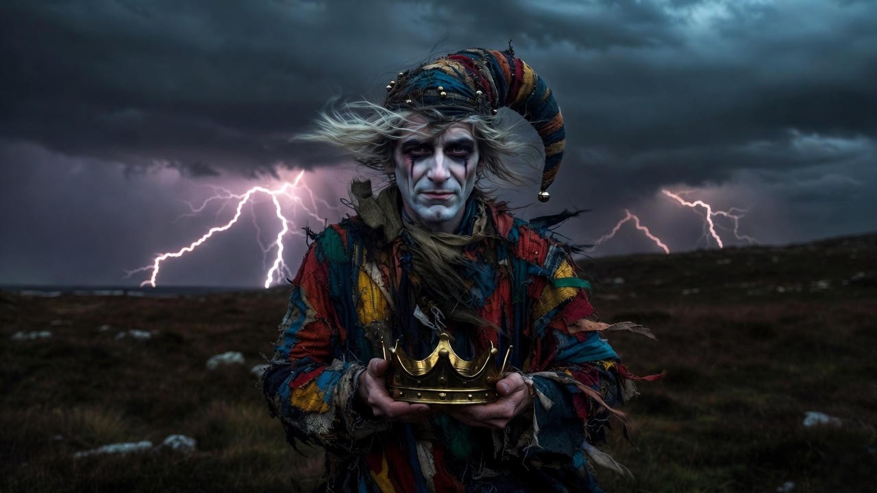 Shakespeare’s Fool holding a broken crown on the heath – the wise fool as the true voice of reason