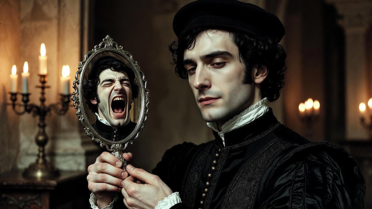 Hamlet looking into a mirror that shows his own madness – Shakespeare’s exploration of feigned vs real insanity