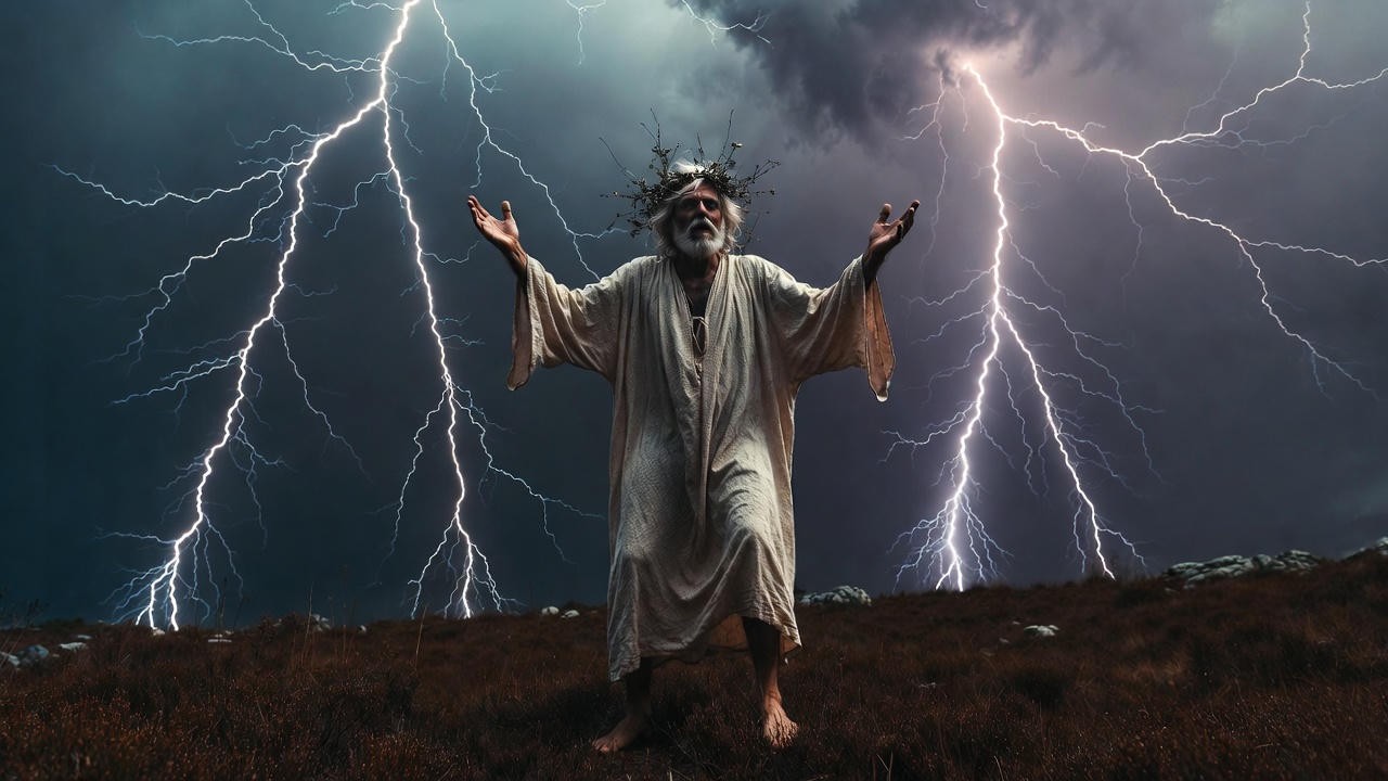 Mad King Lear crowned with wildflowers raging on the heath – Shakespeare’s greatest portrait of fallen intellect