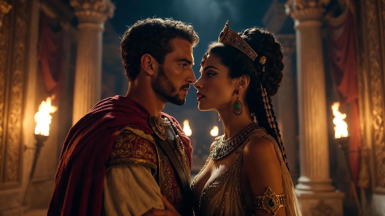 Passionate embrace of Mark Antony and Cleopatra in Egyptian palace – Shakespeare tragedy illustration