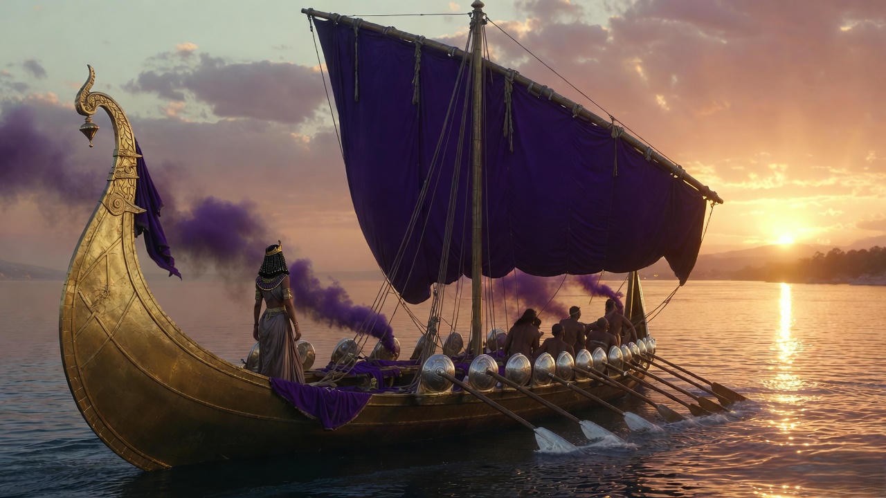 Cleopatra llega a Tarso en su barca dorada barca por el río Cidno, encuentro con Marco Antonio 41 a.C.