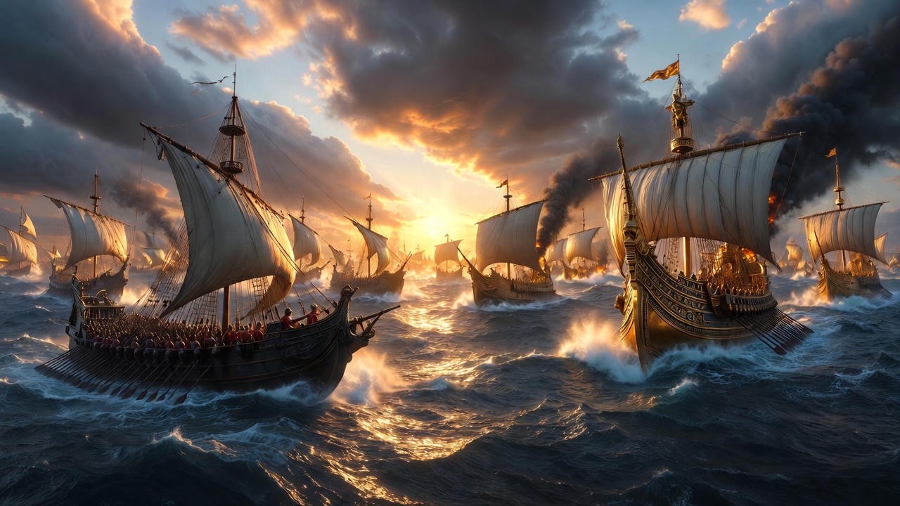 Batalla naval de Accio 31 a.C., momento decisivo entre Octavio y la flota de Cleopatra y Marco Antonio