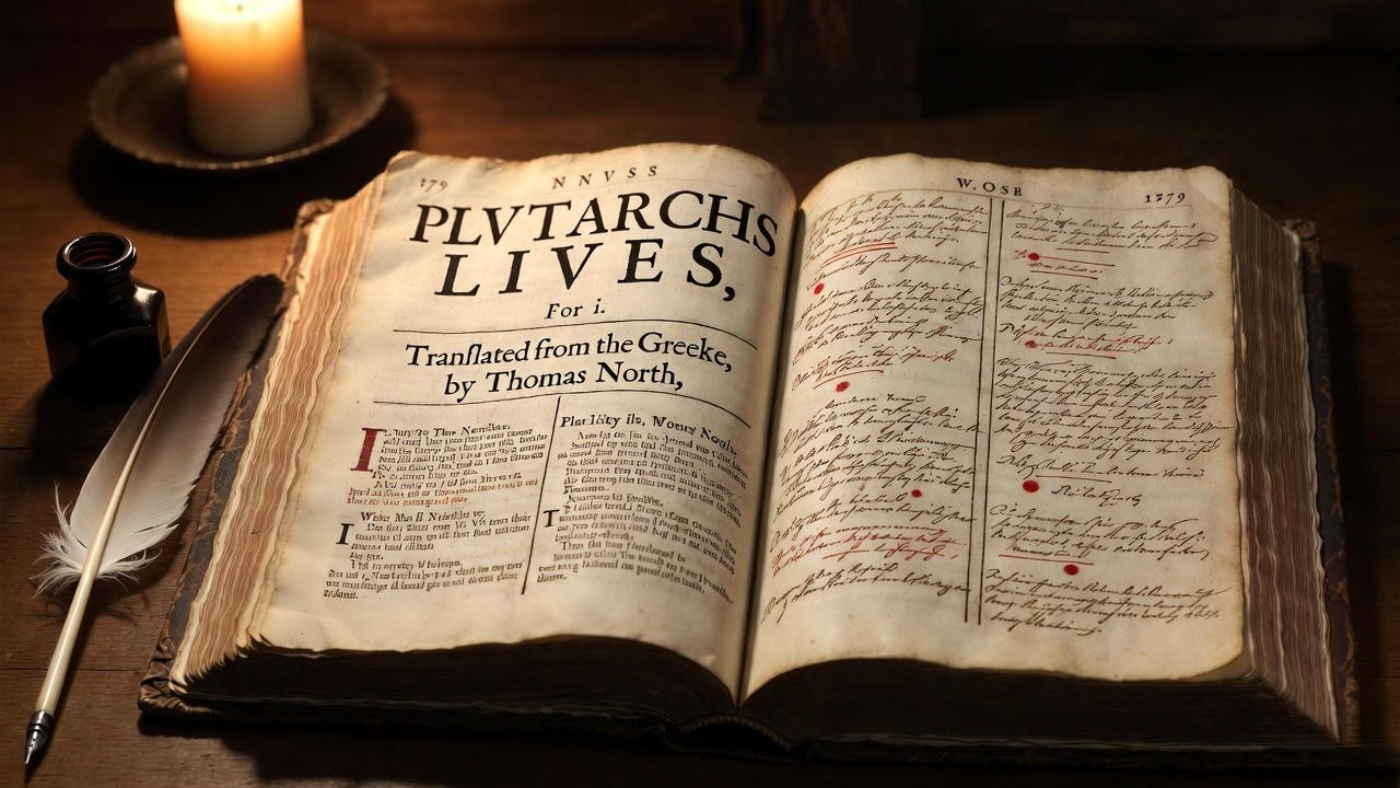 Ejemplar de Plutarco traducido por Thomas North, principal fuente de Shakespeare para Antonio y Cleopatra