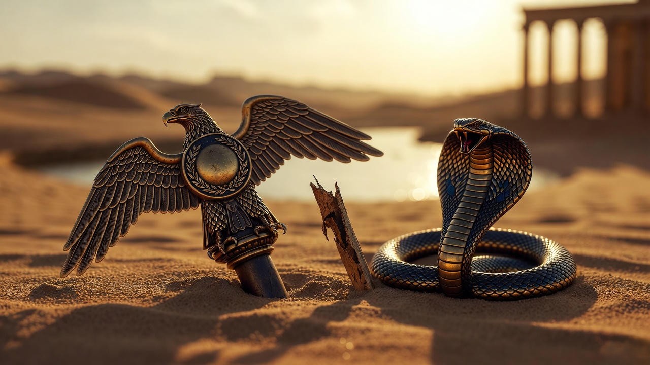Águila romana rota junto a corona egipcia, símbolo del amor y caída de Cleopatra y Marco Antonio