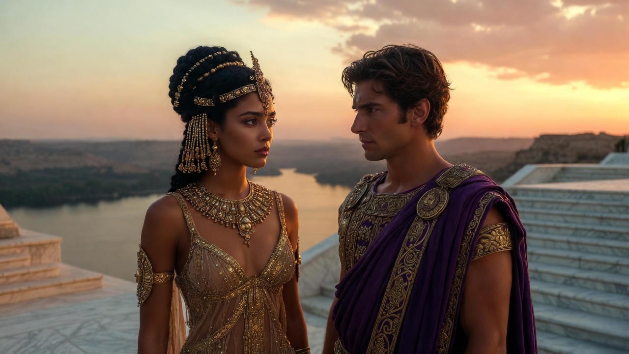 Cleopatra and Julius Caesar as the ultimate historical power couple costume overlooking the Nile at sunset