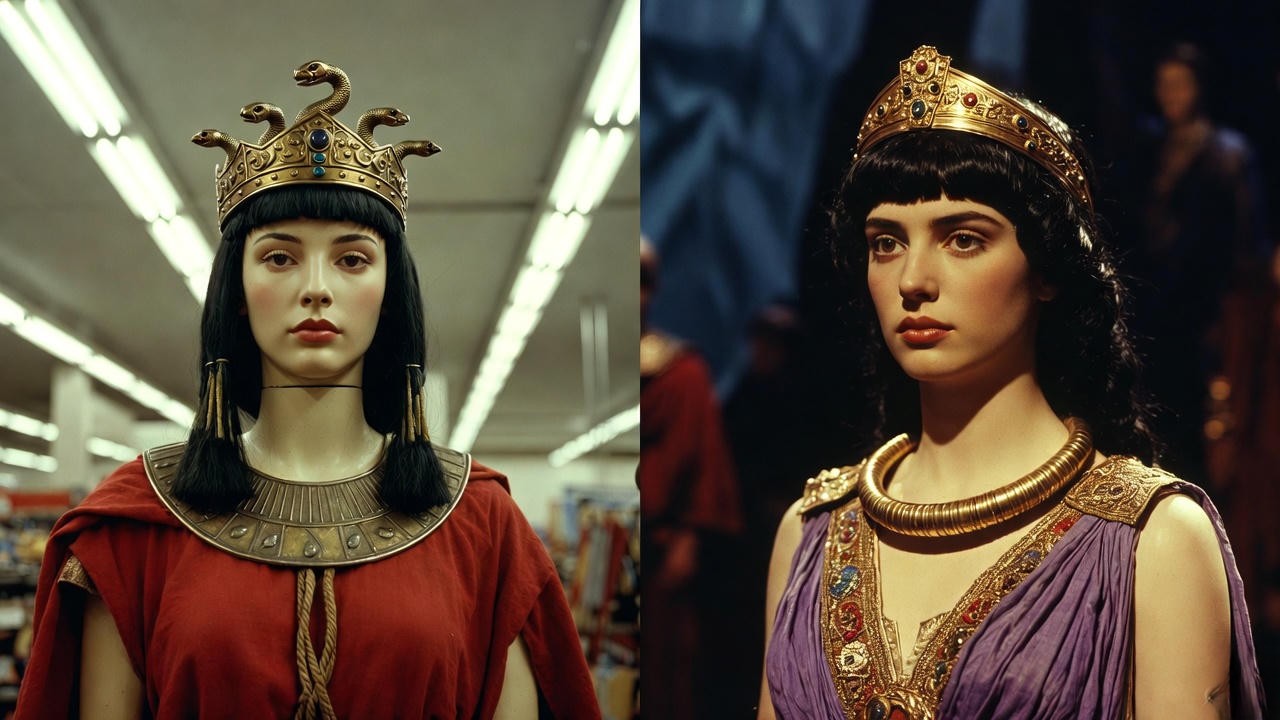 Hollywood vs historically accurate Cleopatra Caesar costume comparison showing common mistakes
