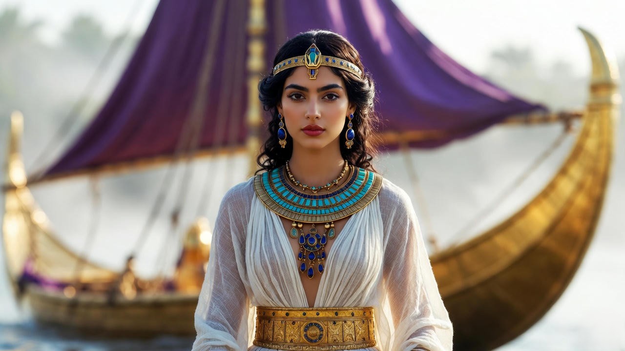 Historically accurate Cleopatra VII Ptolemaic queen costume with authentic diadem and broad collar