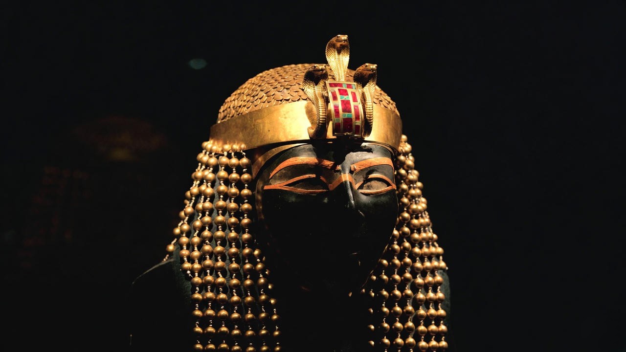 Close-up of historically accurate Ptolemaic Cleopatra royal diadem and uraeus headdress