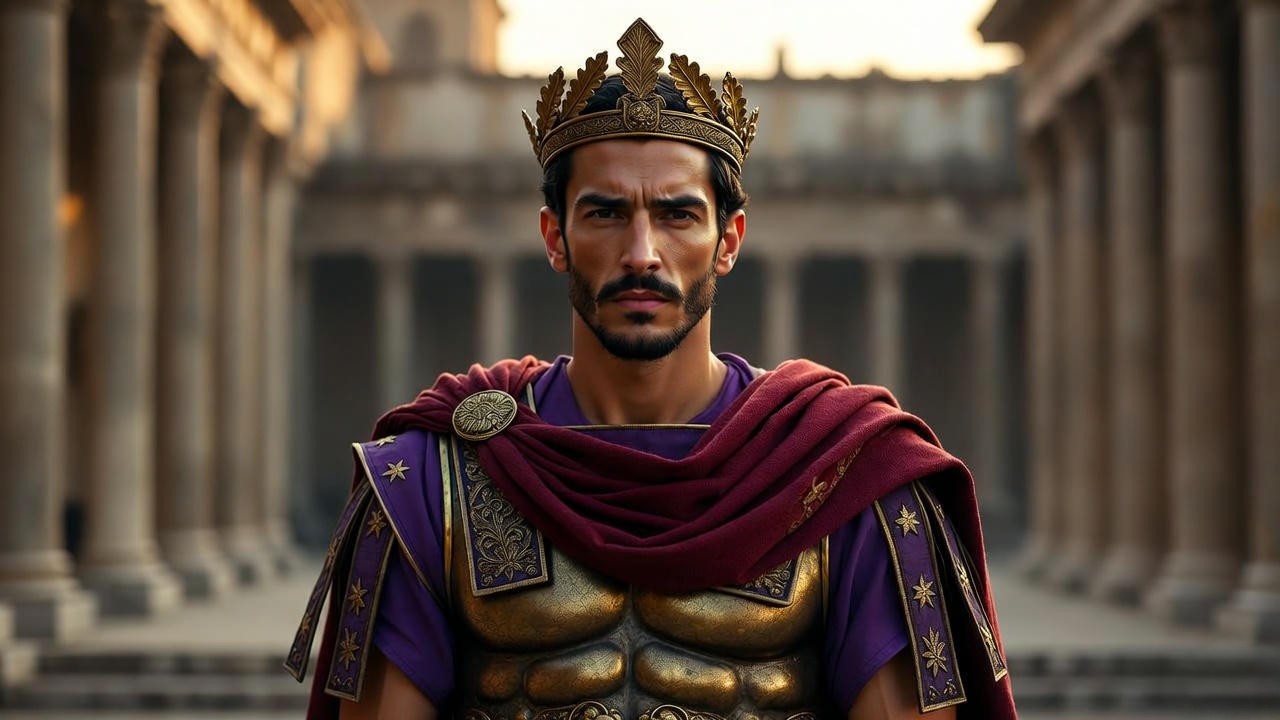Historically accurate Julius Caesar in purple toga picta and gilded muscle cuirass costume