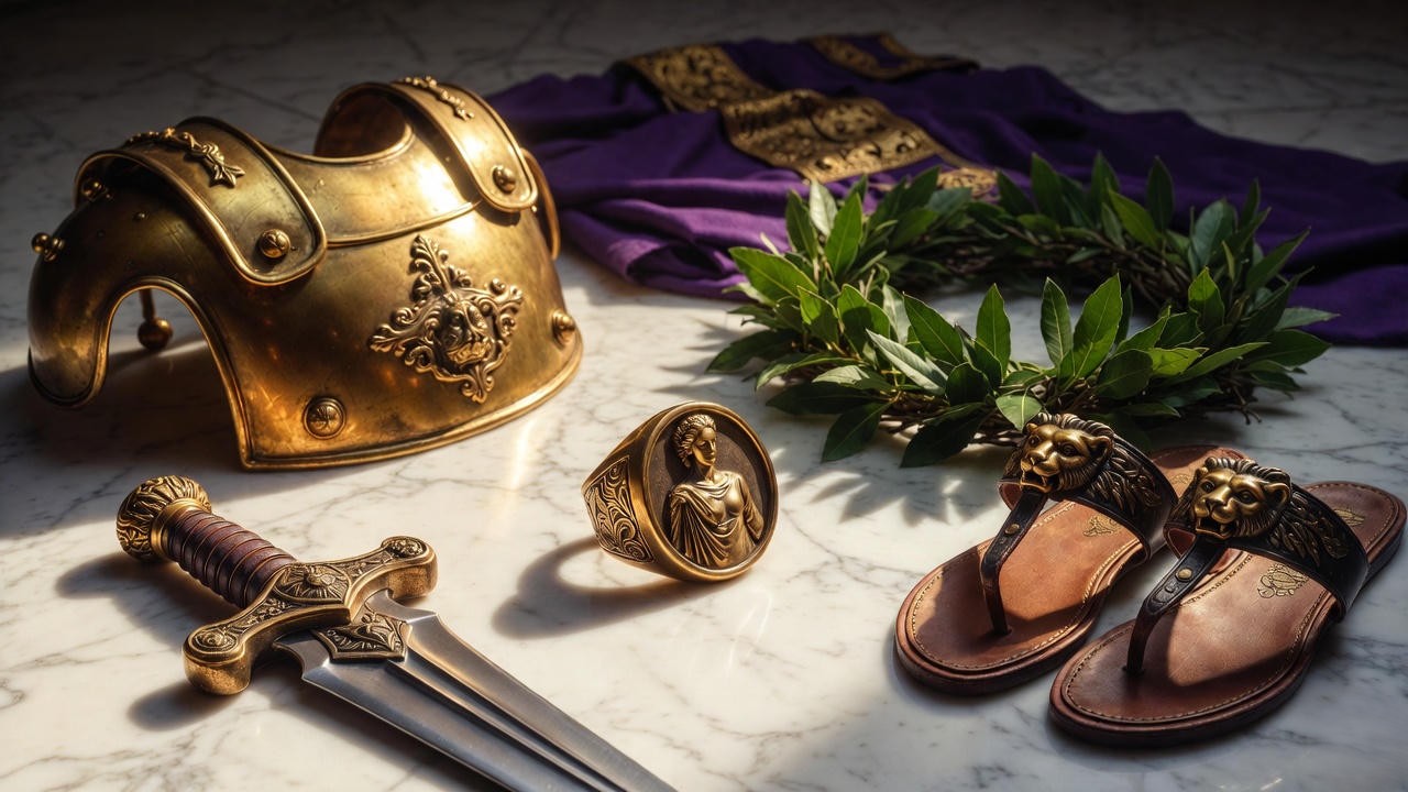 Julius Caesar costume accessories including gilded lorica musculata and purple toga picta details