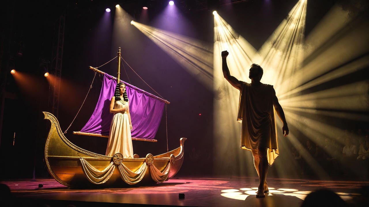 Shakespearean theatrical entrance of Cleopatra and Caesar inspired by Antony and Cleopatra barge scene