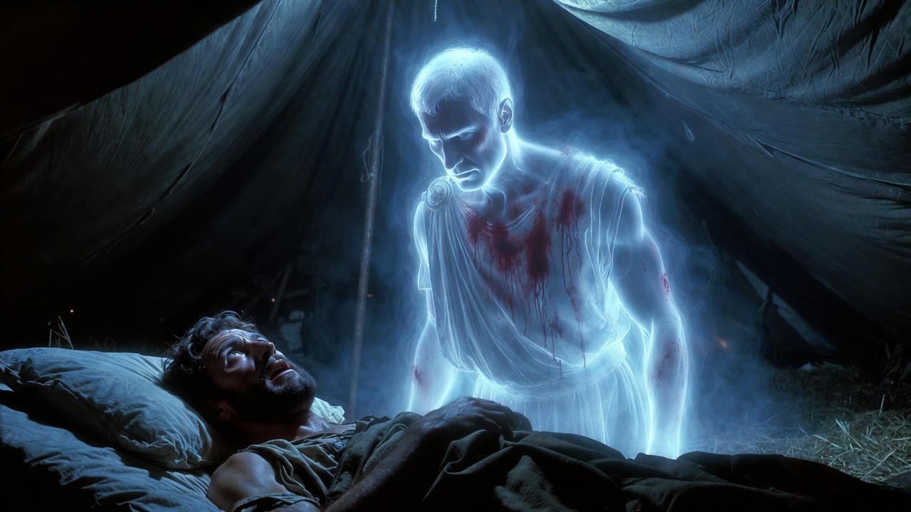 Caesar’s ghost appearing to Brutus at Philippi, avenging spirit archetype