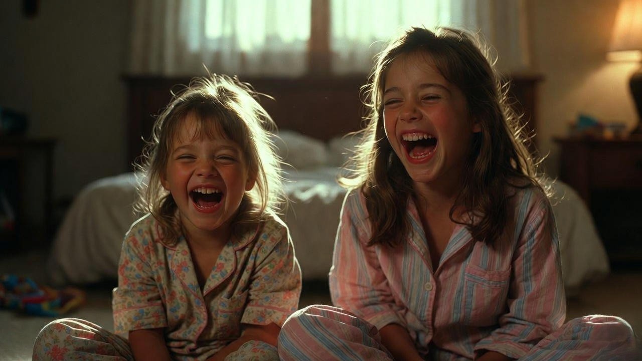 Young sisters laughing together in childhood bedroom – perfect nostalgia for maid of honor speech sister examples