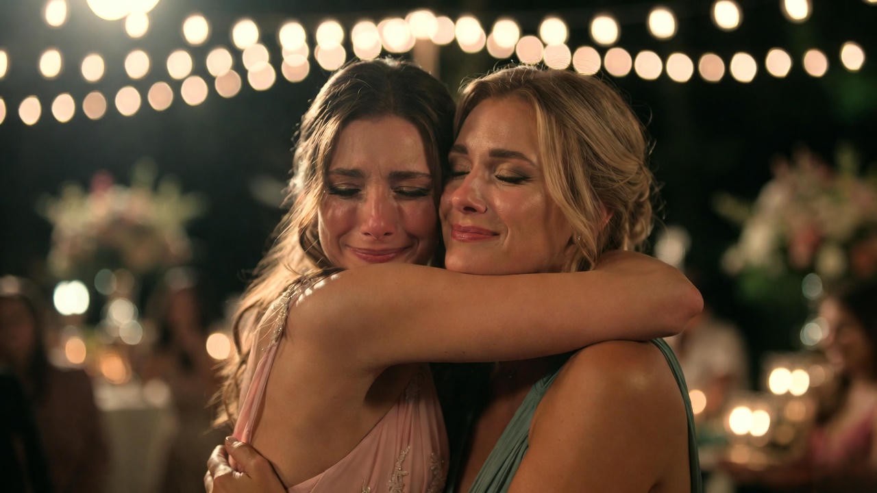 Bridesmaid sisters hugging and crying during emotional maid of honor speech for sister