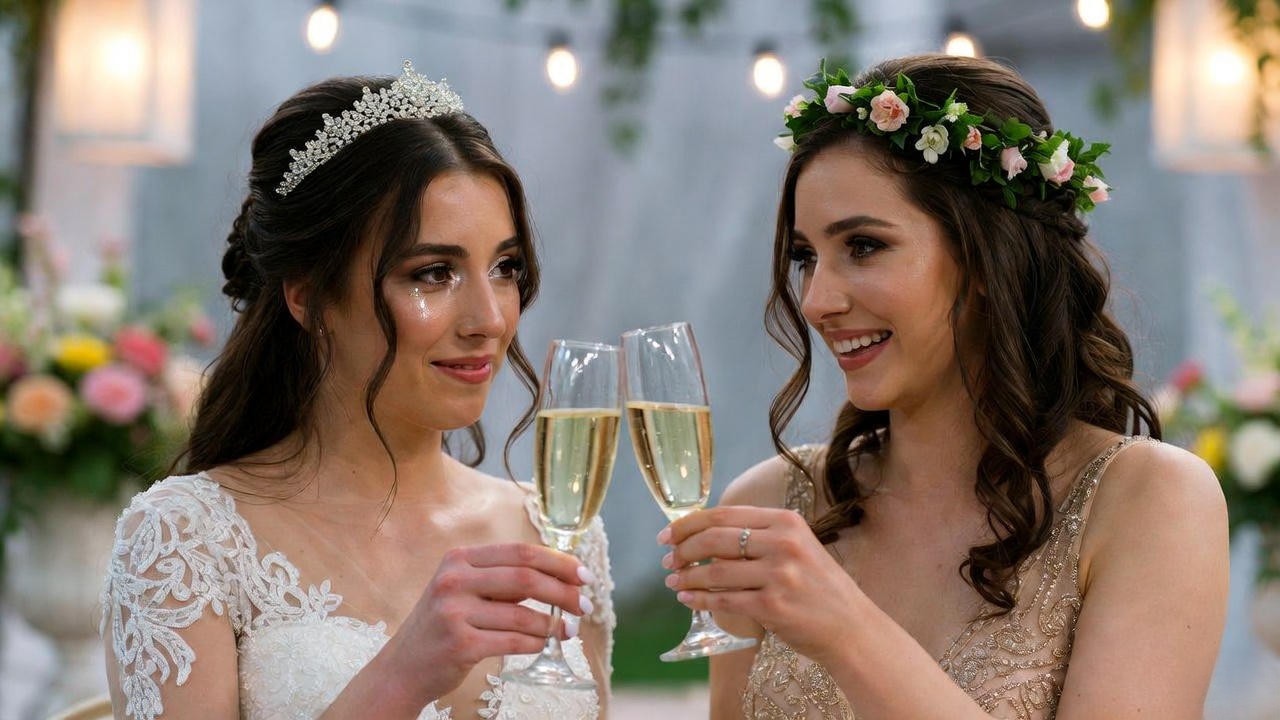 Bride and sister maid of honor toasting with happy tears – perfect ending to heartfelt sister wedding speech