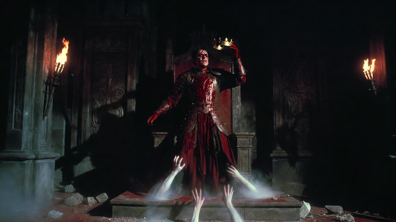 Macbeth tormented by ghostly hands after seizing the crown – thirst for power in Shakespeare