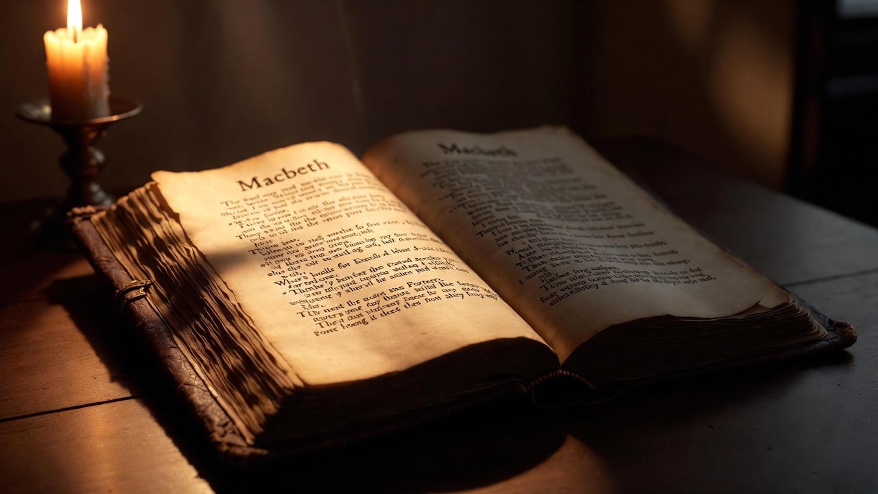 Candlelit First Folio open to Macbeth illustrating darkness to light atmosphere antonyms in Shakespeare