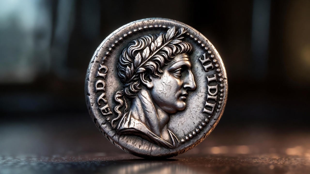 High-resolution 44 BCE silver denarius showing lifetime portrait of Julius Caesar
Image: Vatican Chiaramonti Bust in marblePrompt: Clean museum shot of the white marble
