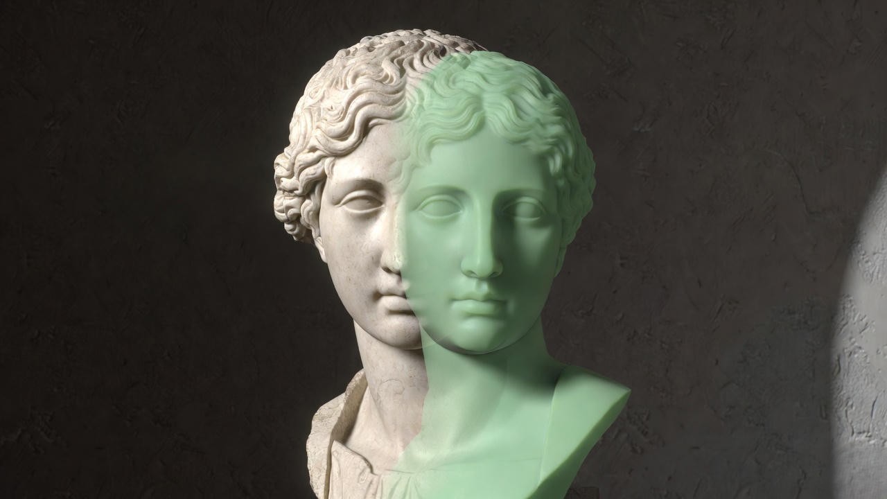 3D forensic overlay proving Tusculum and Worcester busts are the same Julius Caesar portrait type