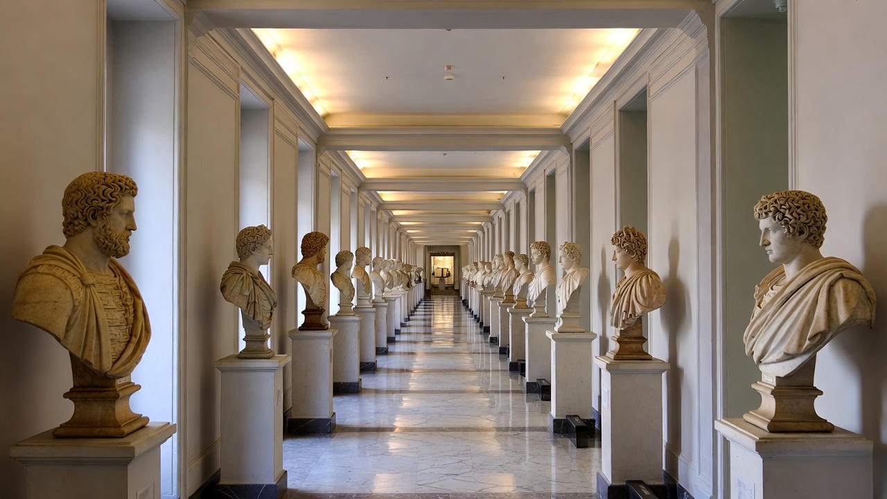 Museum display of authentic ancient Roman portraits of Julius Caesar