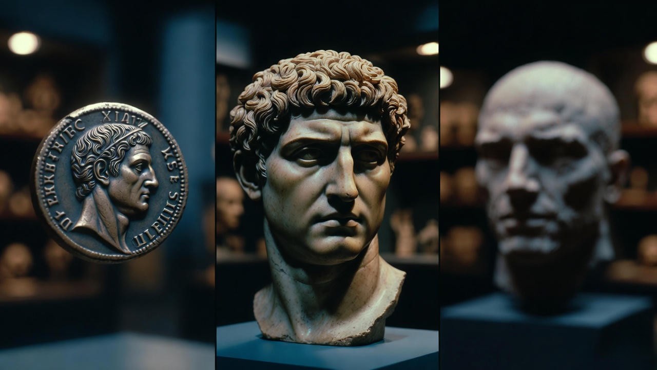 Authentic ancient portrait, coin, and modern forensic reconstruction of Julius Caesar side by side