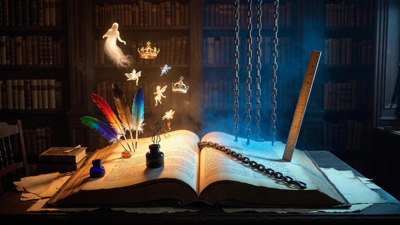 Golden imaginative light vs cold literal darkness representing antonyms of imaginative in Shakespeare’s philosophy