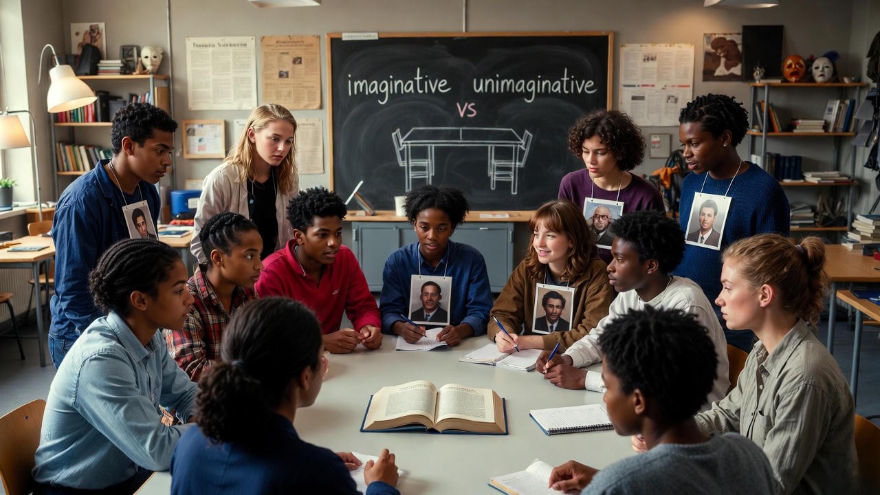 Students and actors exploring Shakespeare’s imaginative vs unimaginative characters in a modern classroom