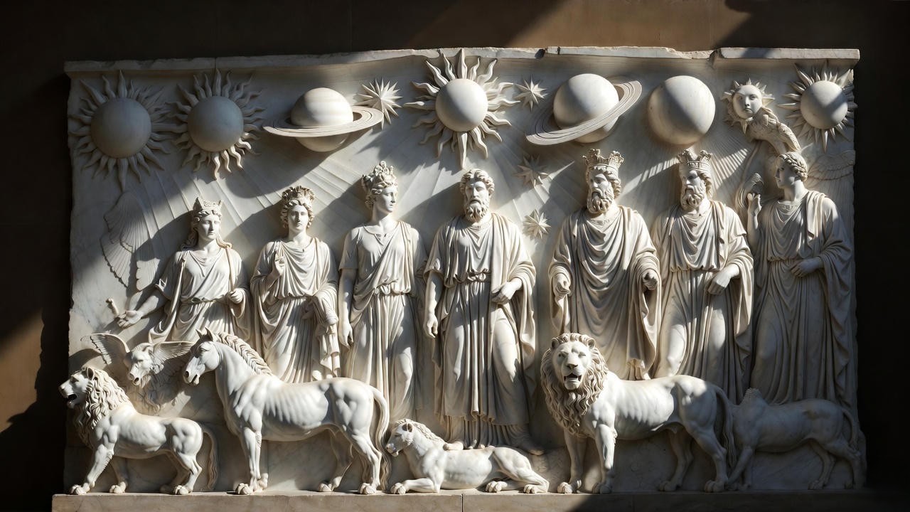 Classical marble relief symbolising Ulysses’ abstract speech on degree and hierarchy in Shakespeare