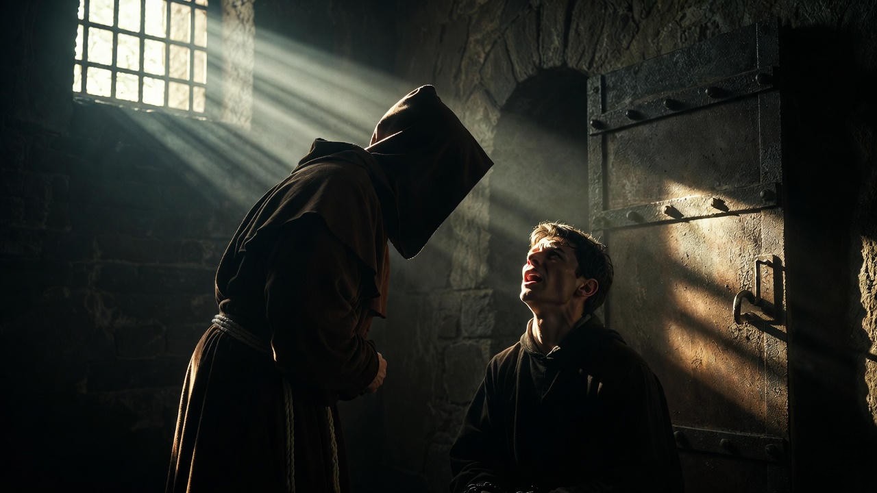 The Duke disguised as friar delivering abstract consolation speech to Claudio in Measure for Measure