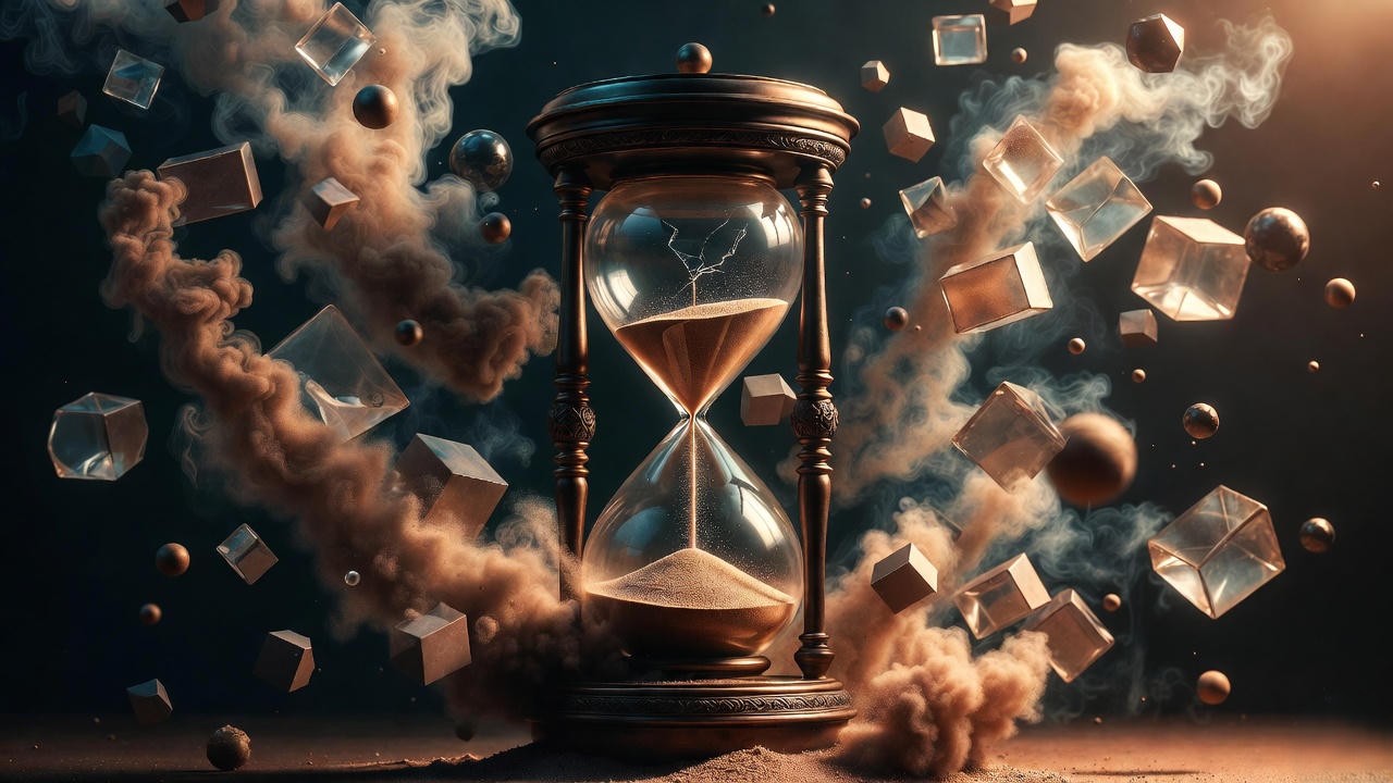 Hourglass dissolving into abstract shapes symbolising Shakespeare’s shift from imagery to conceptual language