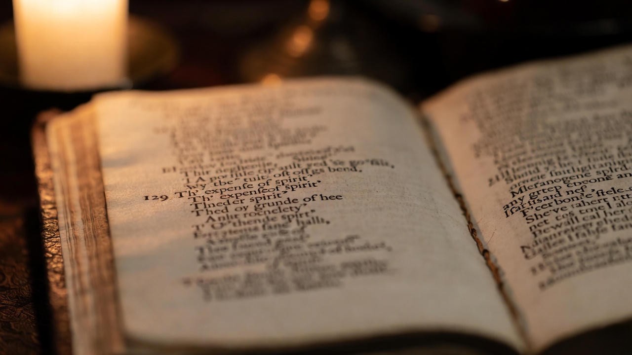 1609 Shakespeare Sonnets quarto open to Sonnet 129 – the poem with zero sensory imagery