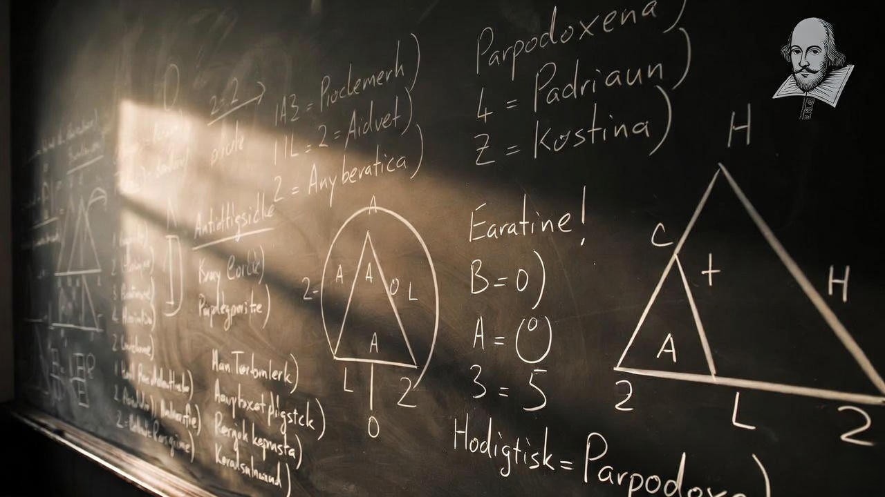 Chalkboard with antitheses and logical structures representing analysis of Shakespeare’s abstract language
