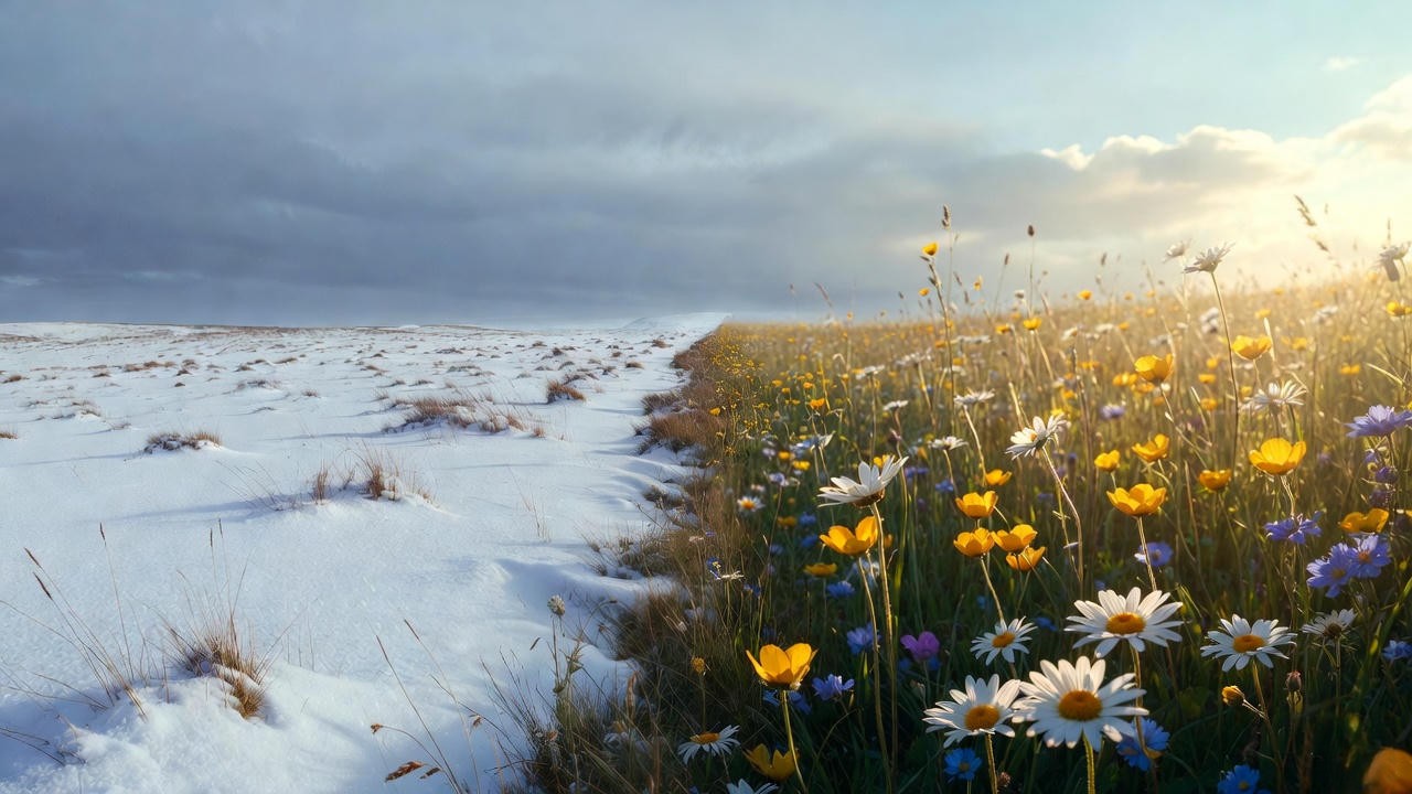 Stark barren landscape transforming into lush blooming field – visual metaphor for antonym of stark