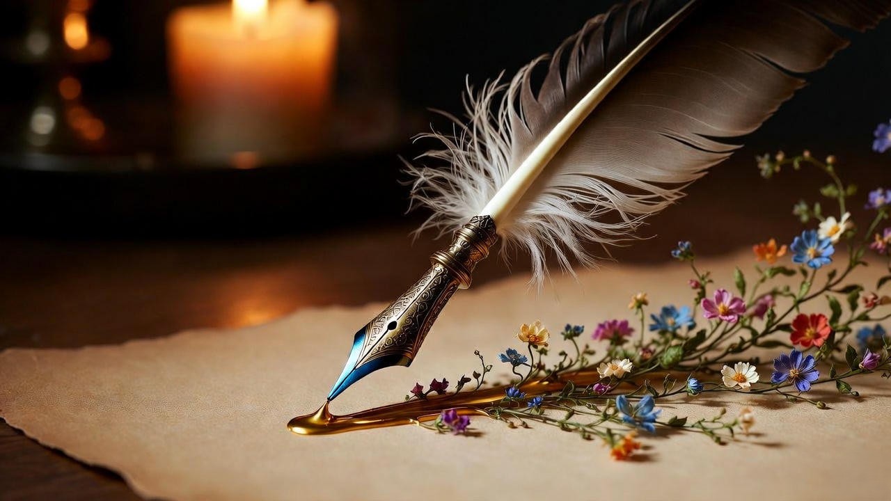 Golden ink turning into flowers symbolizing Shakespeare’s ornate language opposite of stark