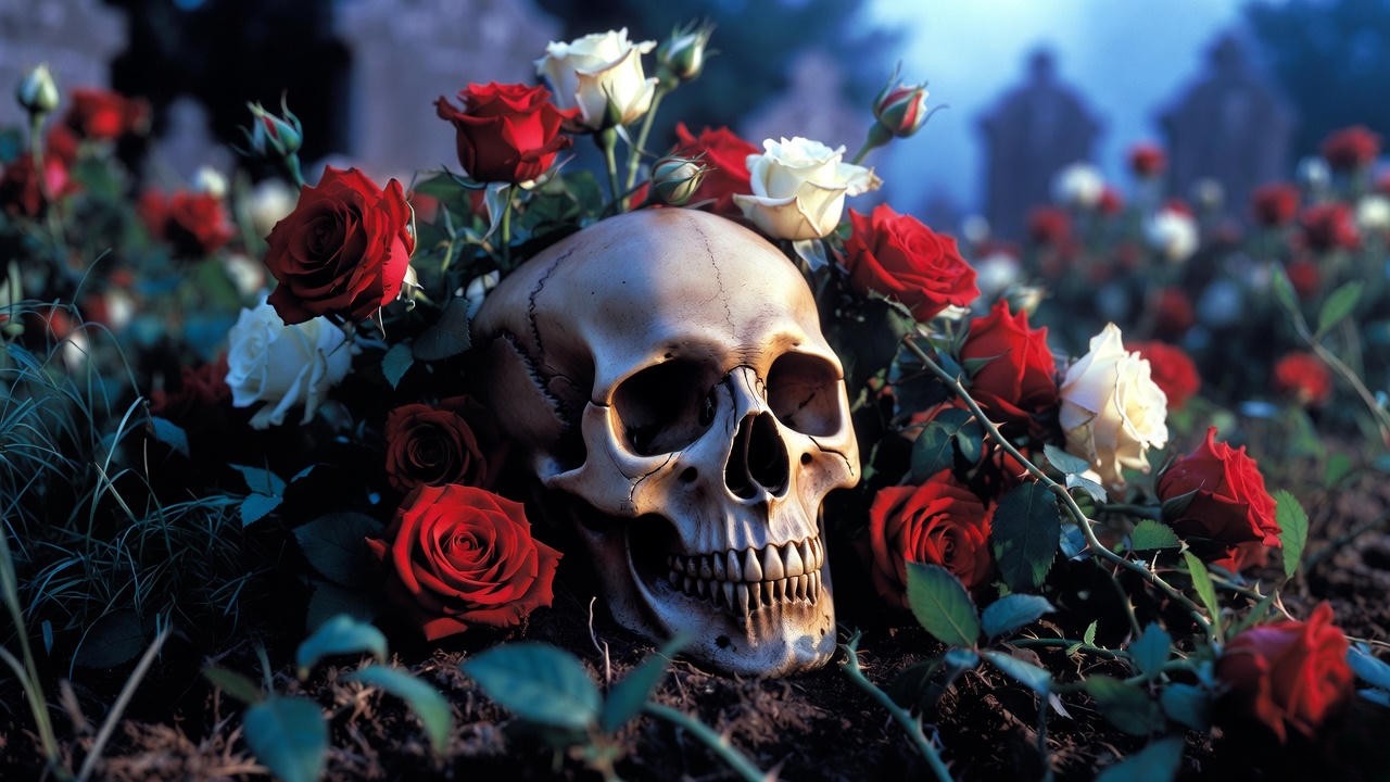 Yorick’s skull surrounded by roses – Hamlet’s macabre yet lush meditation on death