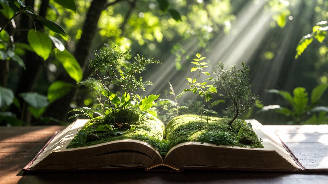 Book pages transforming into lush forest – Shakespeare’s anti-stark abundance for modern writers