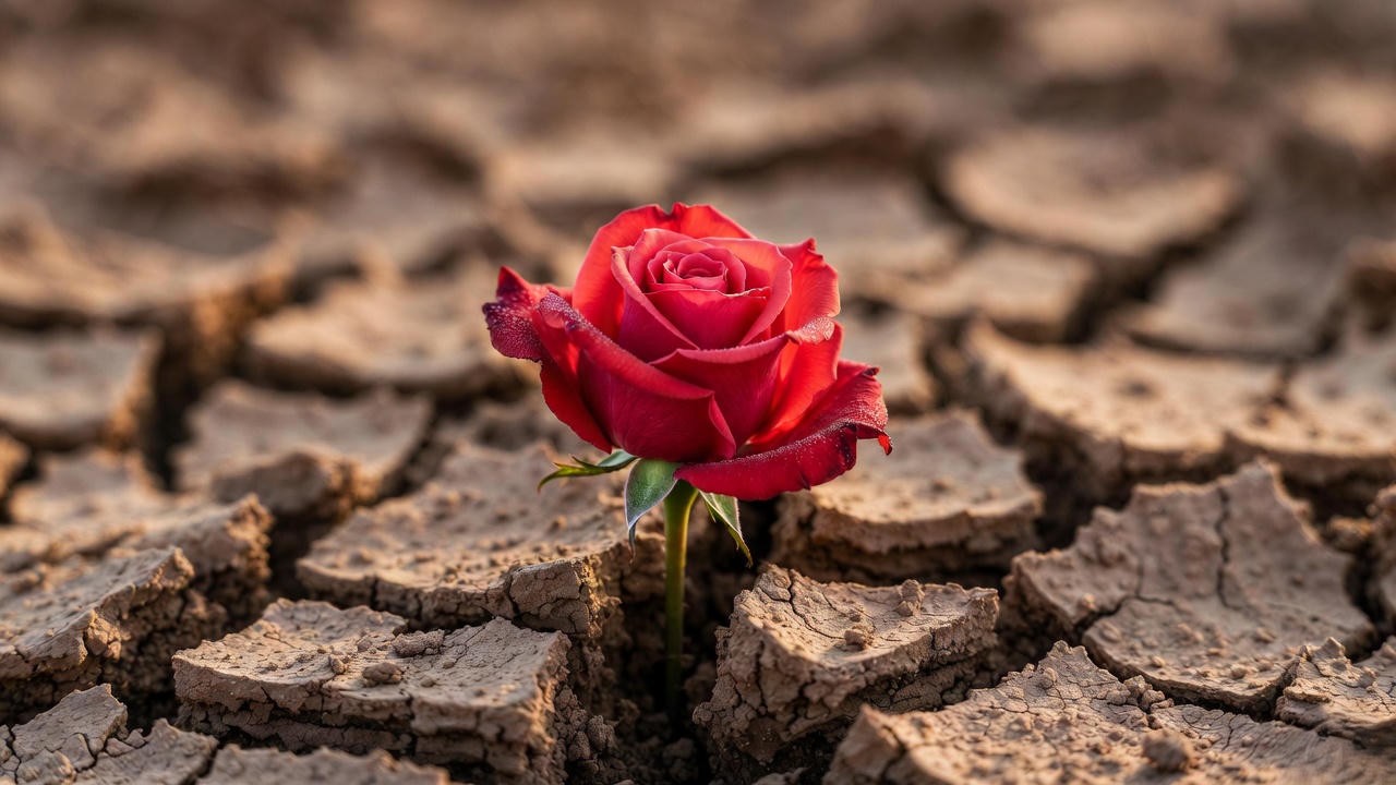 Red rose blooming from cracked barren earth – the enduring opposite of stark in Shakespeare