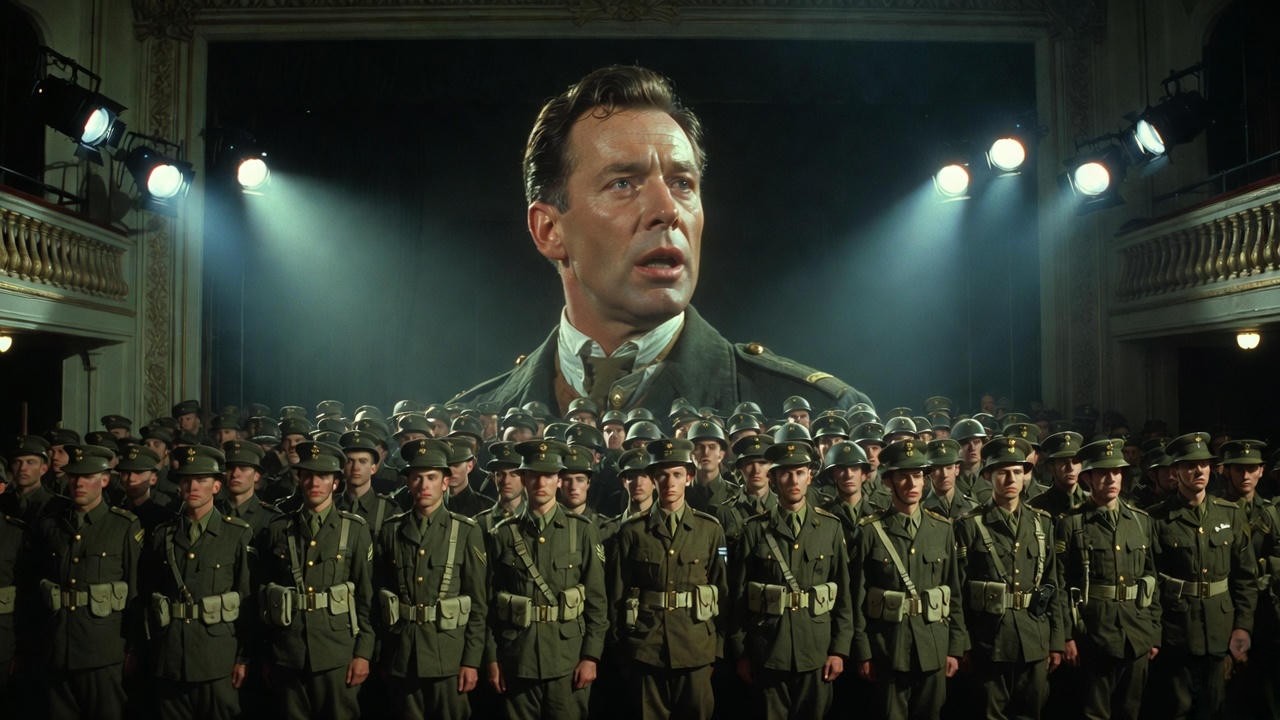 1940s wartime production of Henry V with soldiers at parade rest watching the play, origin of parade rest Shakespeare myth