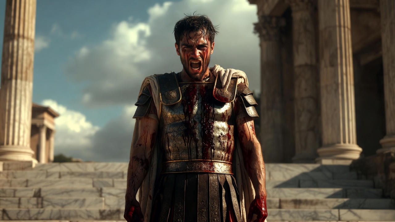 Coriolanus forced into ceremonial stillness and humility before the psychological essence of parade rest