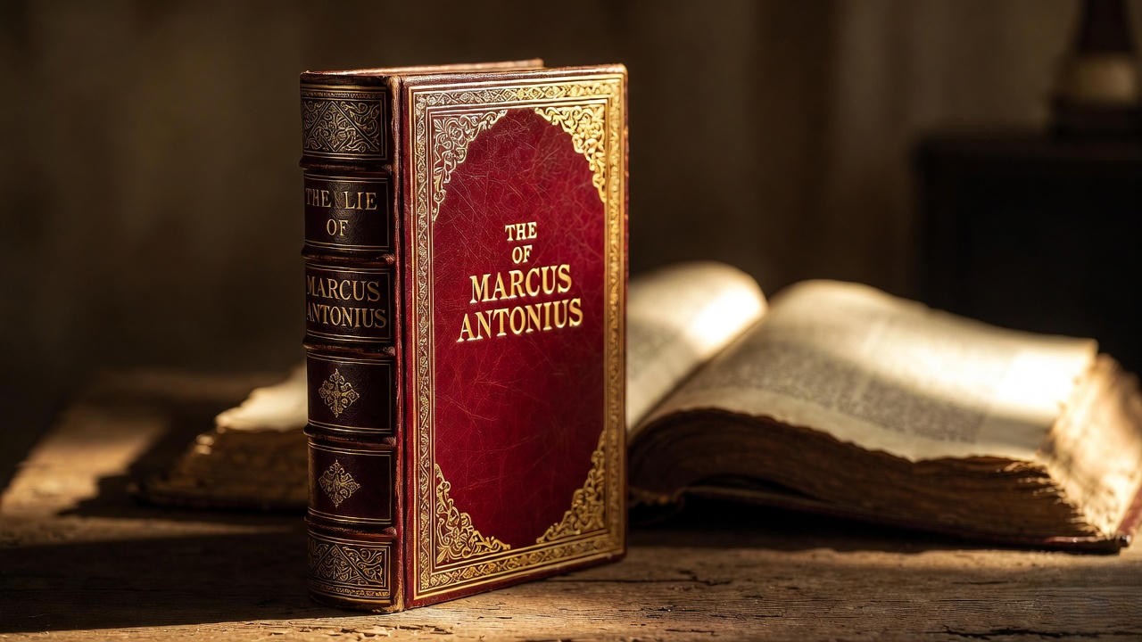 Antique volume of Plutarch’s Life of Marcus Antonius next to open folio, the primary historical source for Shakespeare’s Antony and Cleopatra