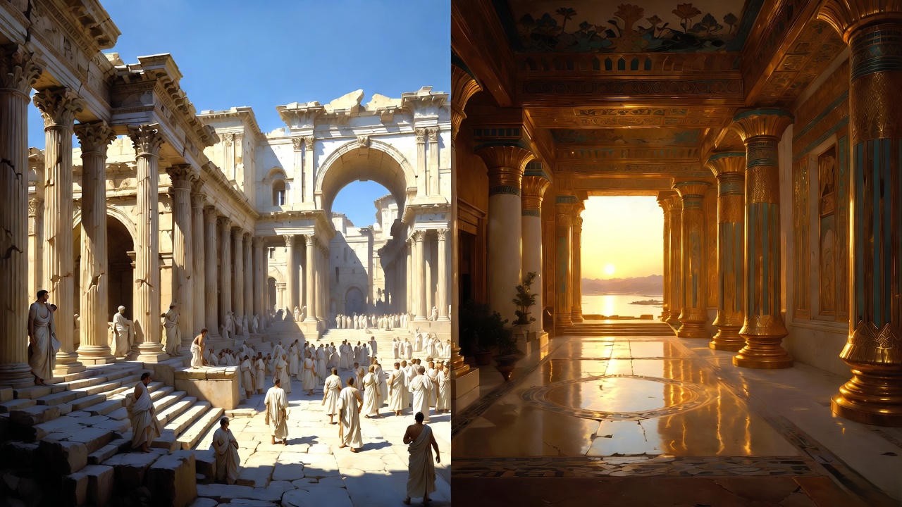 Visual contrast between imperial Rome and sensual Egypt in Shakespeare’s Antony and Cleopatra, inspired by Plutarch