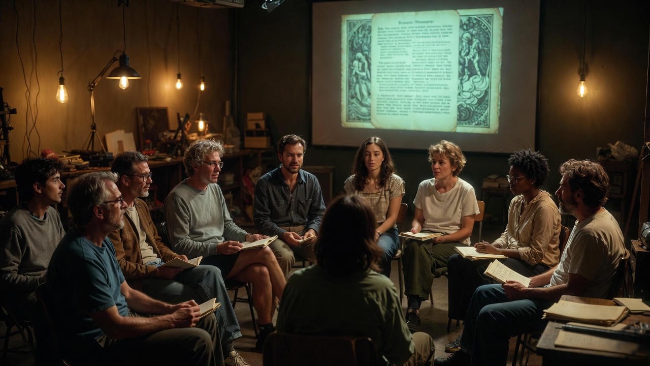 Theatre director and actors studying Plutarch’s Life of Antony during Antony and Cleopatra rehearsal