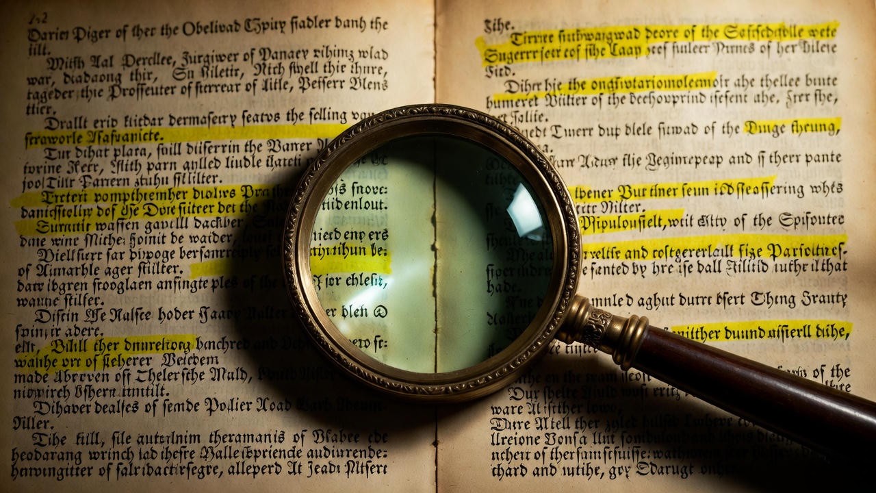 Magnifying glass revealing highlighted passages in North’s Plutarch, debunking myths about Shakespeare’s sources