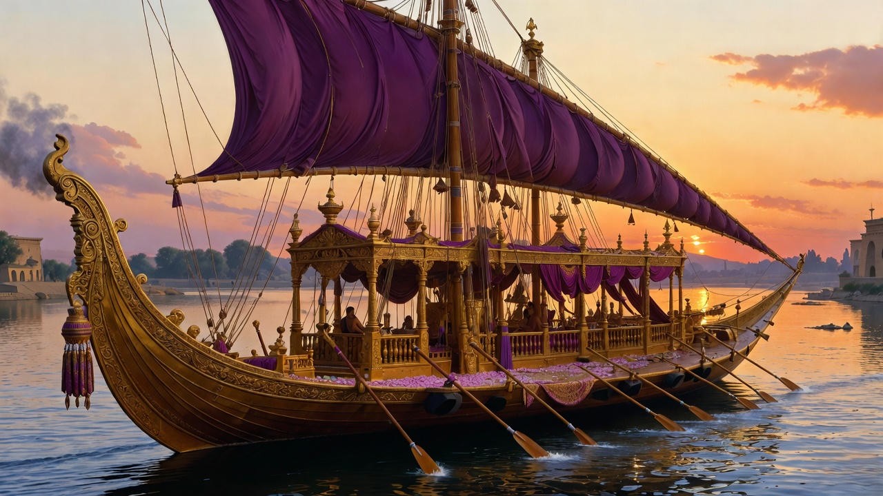 Cleopatra’s golden barge with purple sails on the Nile, the iconic scene Shakespeare took directly from Plutarch’s Life of Antony