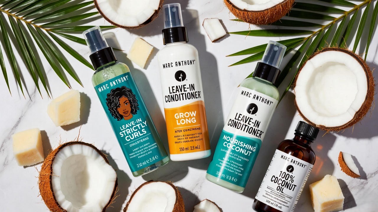 Four bottles of Marc Anthony leave-in conditioners on marble with coconut and palm leaves