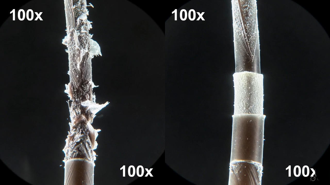 100x microscope before and after hair cuticle comparison after using Marc Anthony leave-in conditione