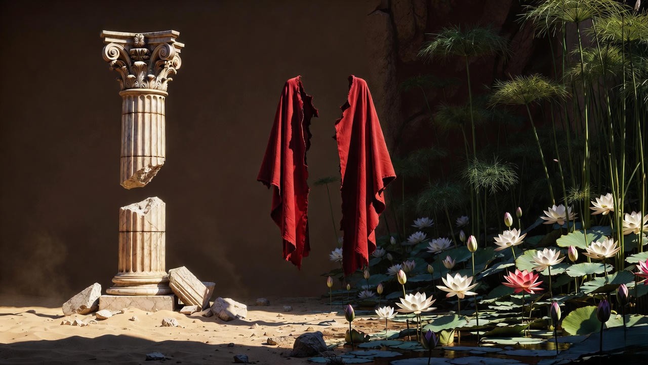 Rome vs Egypt visual metaphor – broken column and lush Nile garden representing the central conflict in Shakespeare’s Antony and Cleopatra